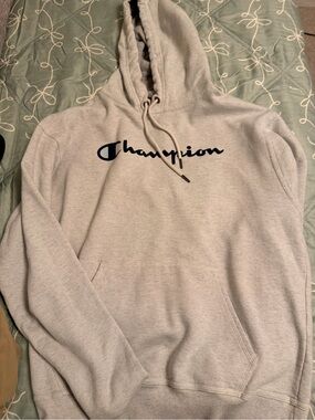 Champion Men’s Crewneck Hoodie in Light Gray with Navy Logo